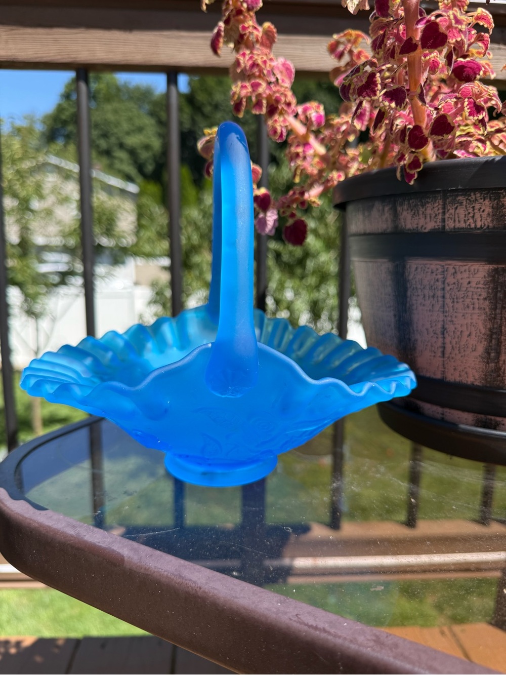 Blue Glass Basket with Scalloped Edge